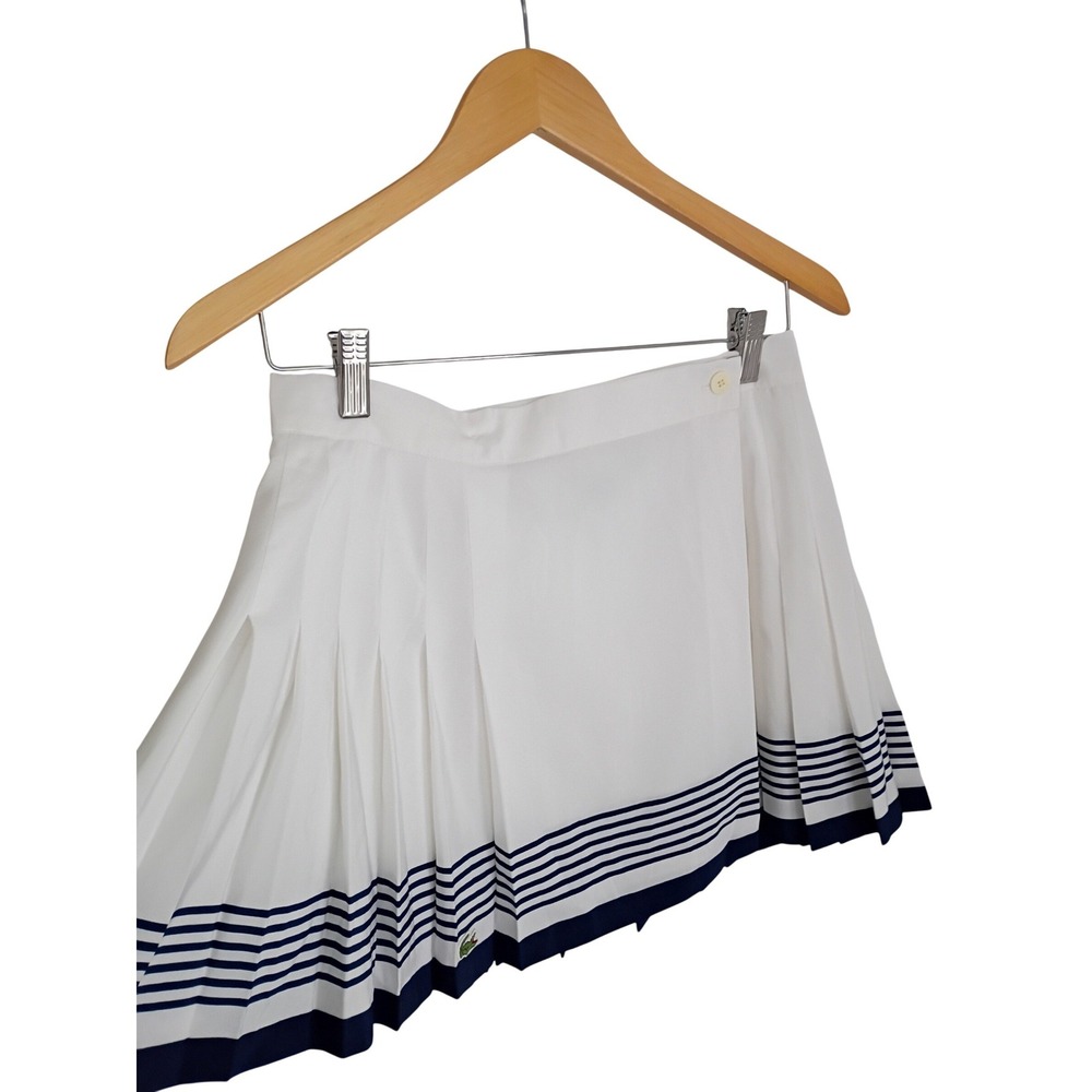 VTG LACOSTE Sport White Pleated Tennis Mini Skirt Navy Stripe Made France W26-27